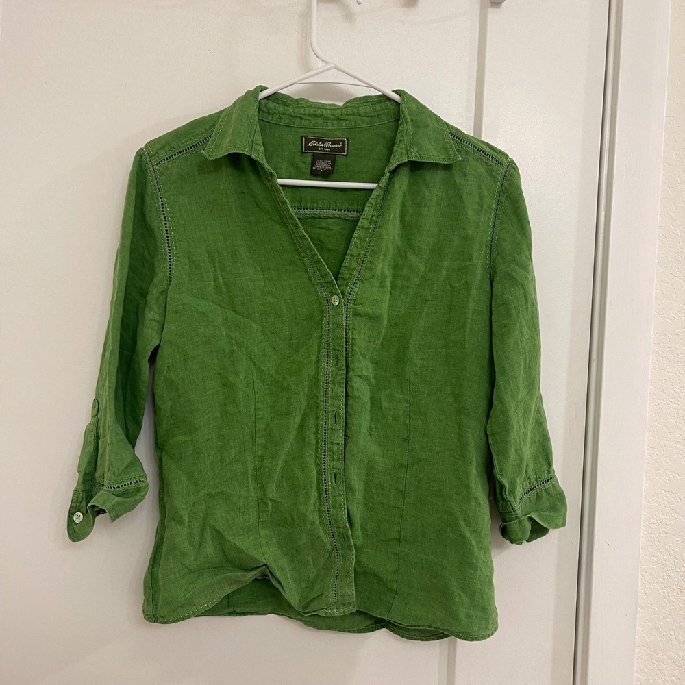 Eddie Bauer Green Linen Half Sleeve Button Up Blouse Chic Beachy Coastal
